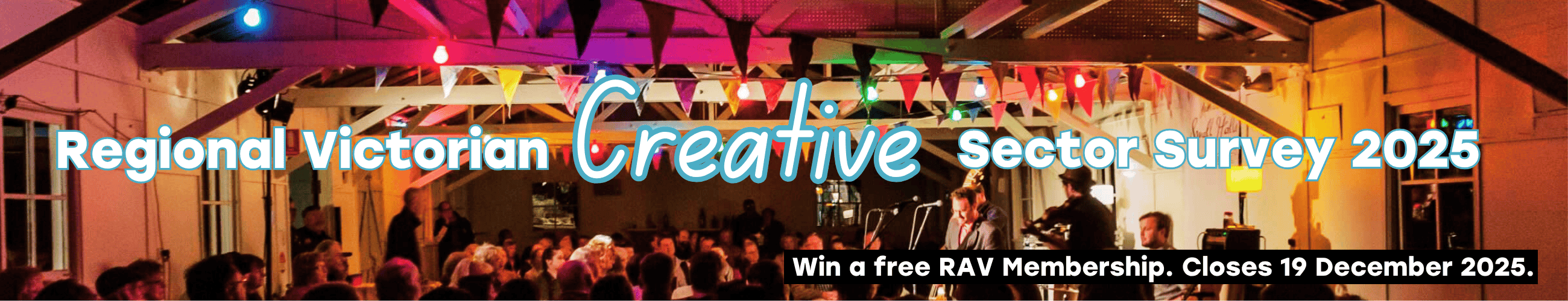 Image: photo of a crowd with text, Regional Victoria Creative Sector Survey 2024
